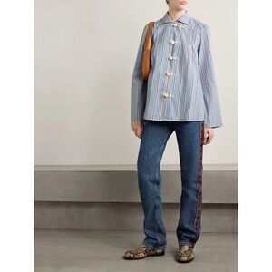 BODE Jonas Embroidered Striped Cotton-Voile Shirt Top Long Sleeve XS NEW 284680